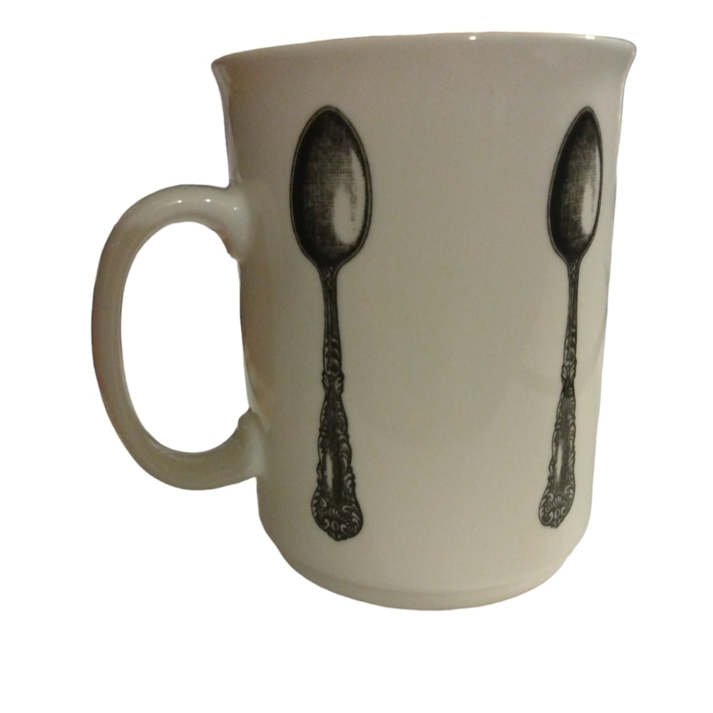 Unique Spoon Design Gourmet Village White w. Dark Silver Spoons Wrap Pattern Fun